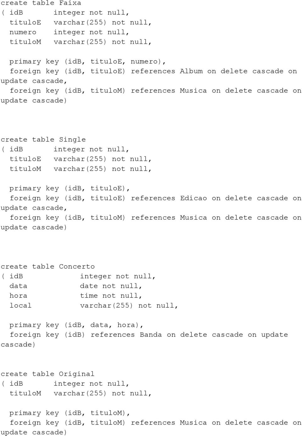 varchar(255) not null, titulom varchar(255) not null, primary key (idb, tituloe), foreign key (idb, tituloe) references Edicao on delete cascade on update cascade, foreign key (idb, titulom)