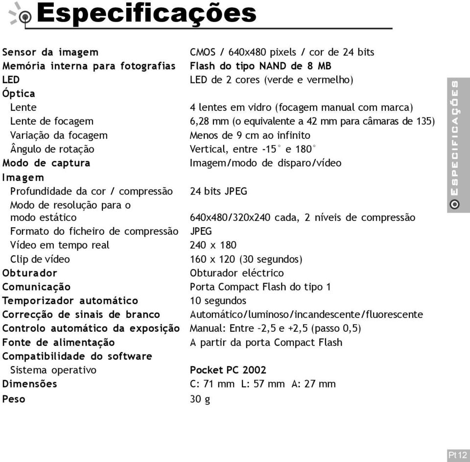 captura Imagem/modo de disparo/vídeo Imagem Profundidade da cor / compressão 24 bits JPEG Modo de resolução para o modo estático 640x480/320x240 cada, 2 níveis de compressão Formato do ficheiro de