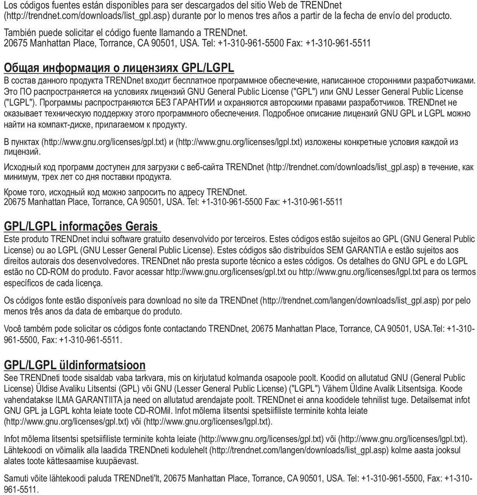 Общая информация о лицензиях GPL/LGPL В состав данного продукта TRENDnet входит бесплатное программное обеспечение, написанное сторонними разработчиками.