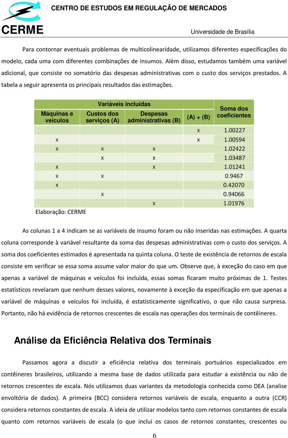 A tabela a seguir apresenta os principais resultados das estimações. Máquinas e veículos Variáveis incluídas Custos dos serviços (A) Despesas administrativas (B) (A) + (B) Soma dos coeficientes x 1.