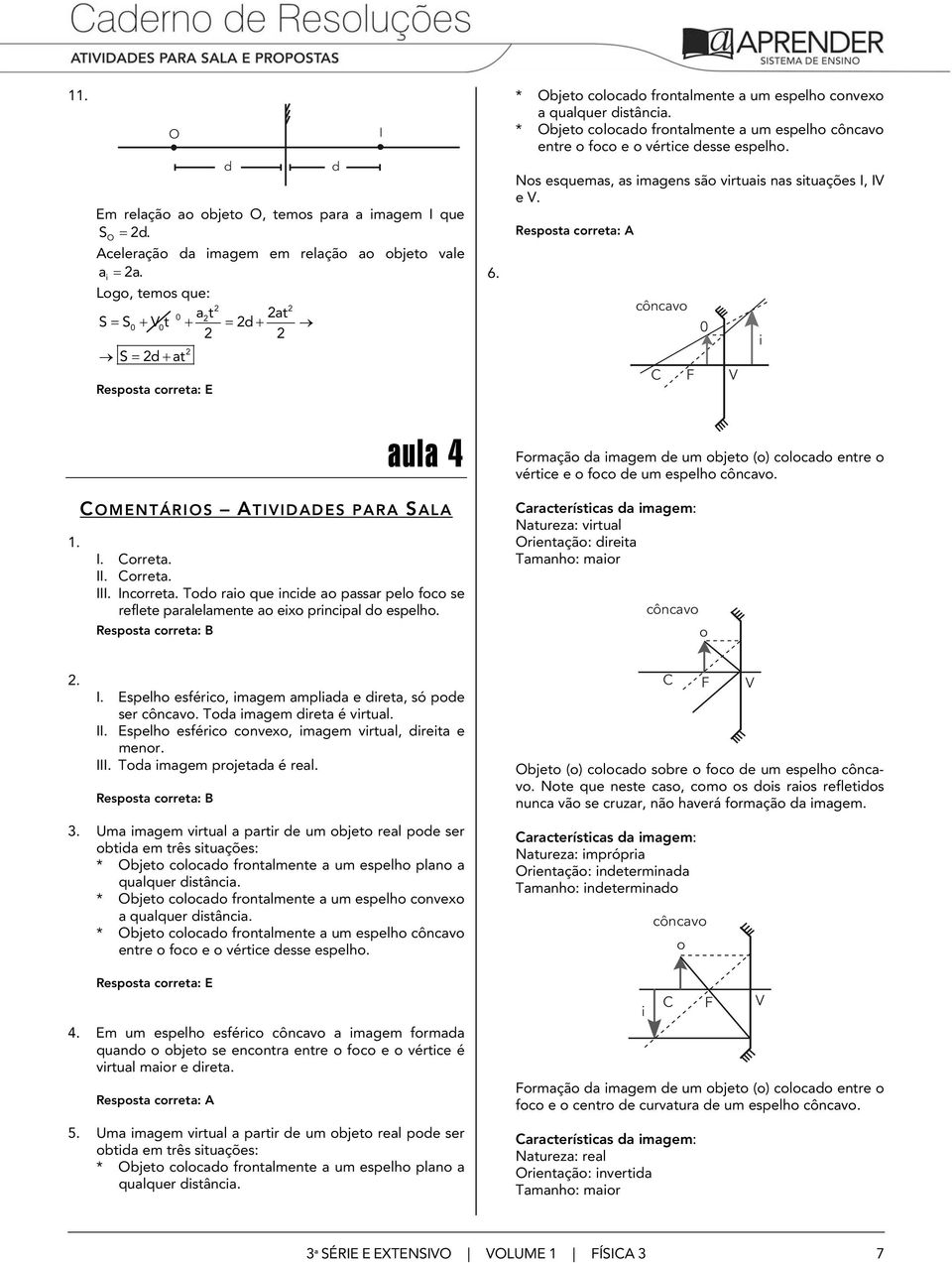 côncav C 0 aula 4 rmaçã da magem de um bjet () clcad entre vértce e fc de um espelh côncav.. COMENTÁRIOS ATIIDADES PARA SALA I. Crreta. II. Crreta. III. Incrreta.