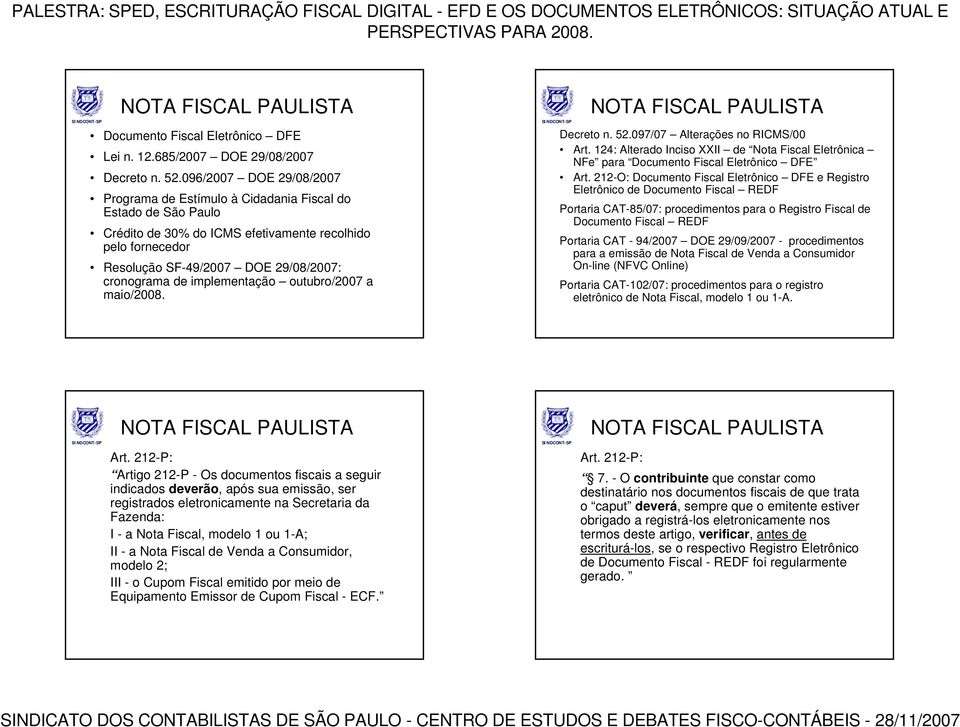 implementação outubro/2007 a maio/2008. Decreto n. 52.097/07 Alterações no RICMS/00 Art. 124: Alterado Inciso XXII de Nota Fiscal Eletrônica NFe para Documento Fiscal Eletrônico DFE Art.