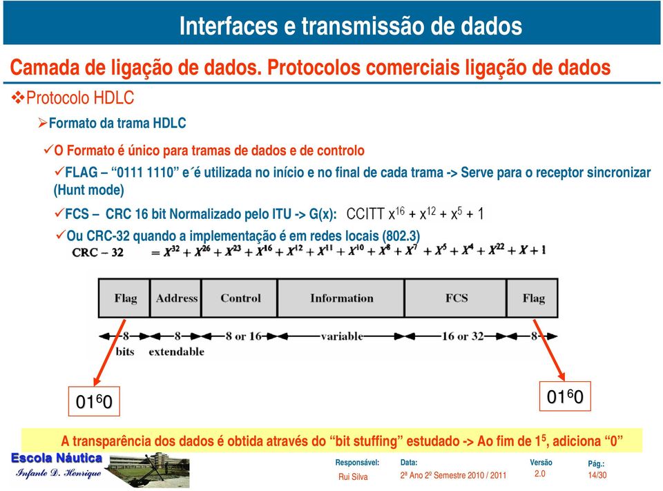 16 bit Normalizado pelo ITU -> G(x): Ou CRC-32 quando a implementação é em redes locais (802.