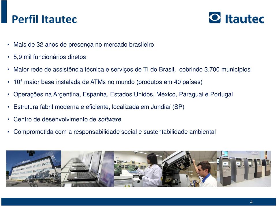 700 municípios 10ª maior base instalada de ATMs no mundo (produtos em 40 países) Operações na Argentina, Espanha, Estados