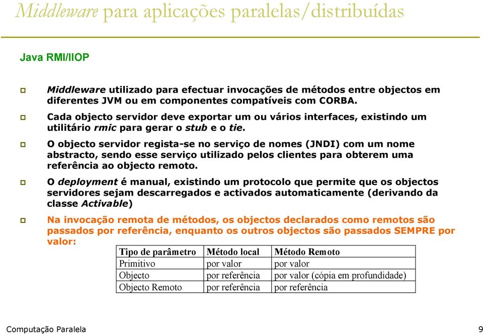 O objecto servidor regista-se no serviço de nomes (JNDI) com um nome abstracto, sendo esse serviço utilizado pelos clientes para obterem uma referência ao objecto remoto.