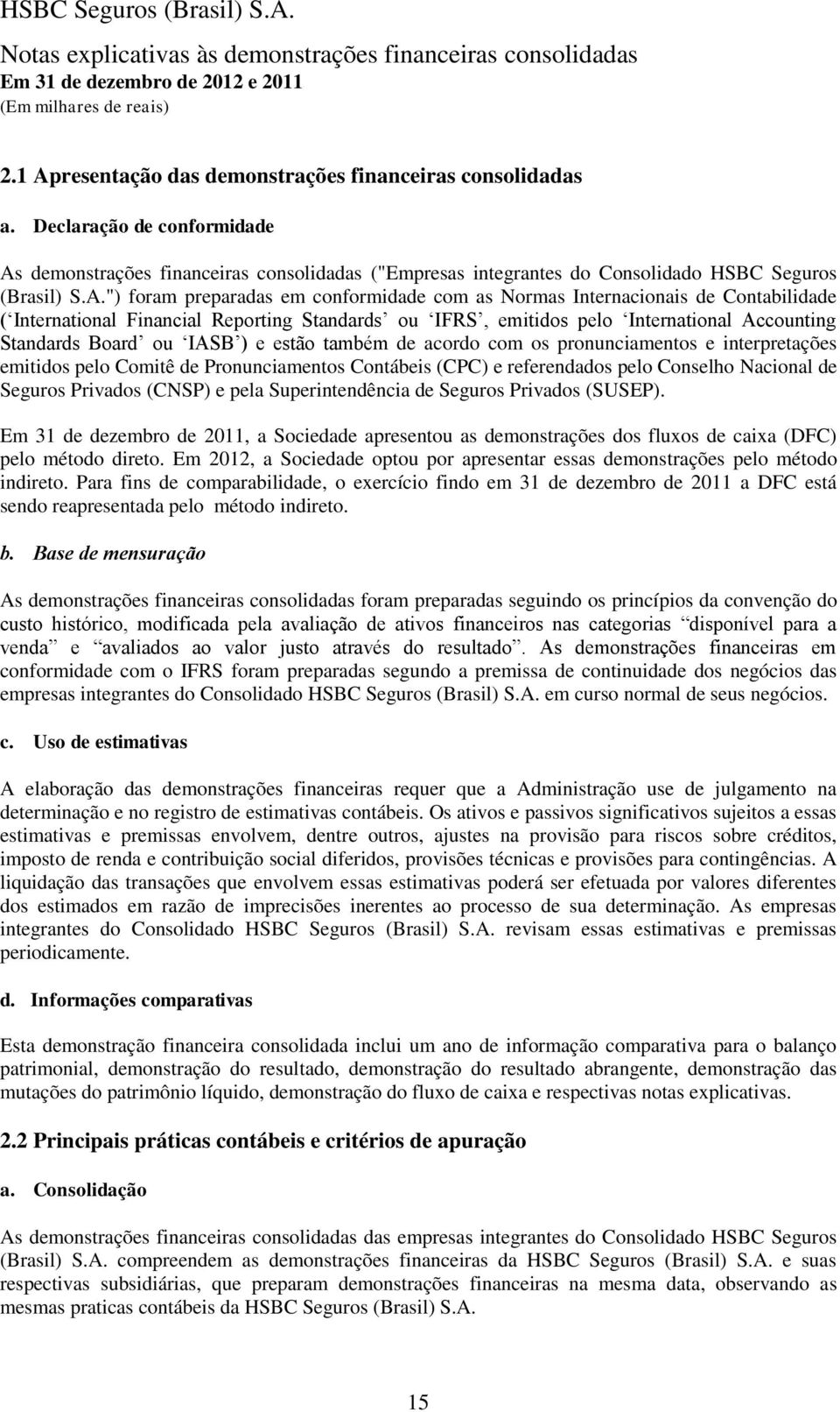 demonstrações financeiras consolidadas ("Empresas integrantes do Consolidado HSBC Seguros (Brasil) S.A.