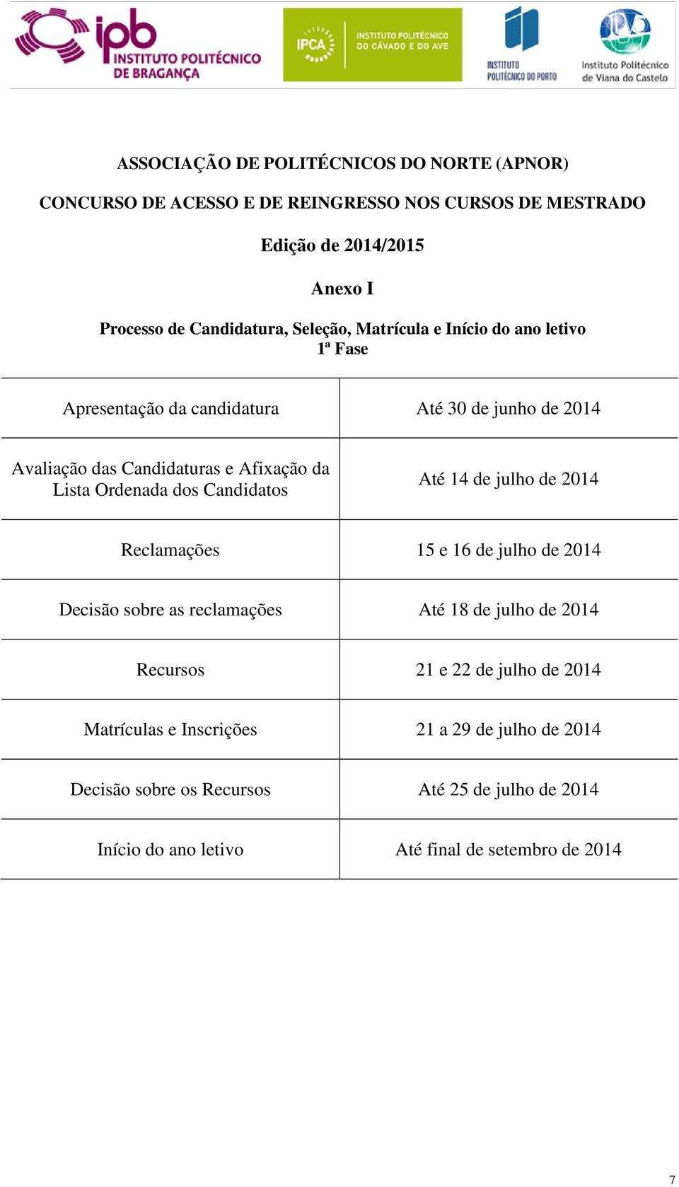 julho de 2014 Decisão sobre as reclamações Até 18 de julho de 2014 Recursos 21 e 22 de julho de 2014 Matrículas e Inscrições