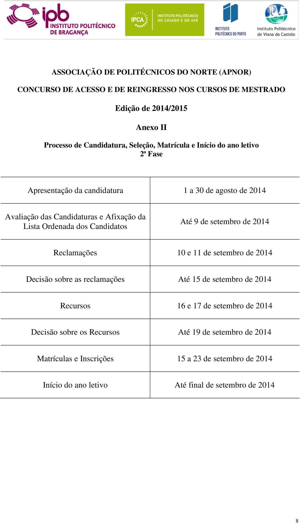 setembro de 2014 Decisão sobre as reclamações Até 15 de setembro de 2014 Recursos 16 e 17 de setembro de 2014 Decisão sobre os