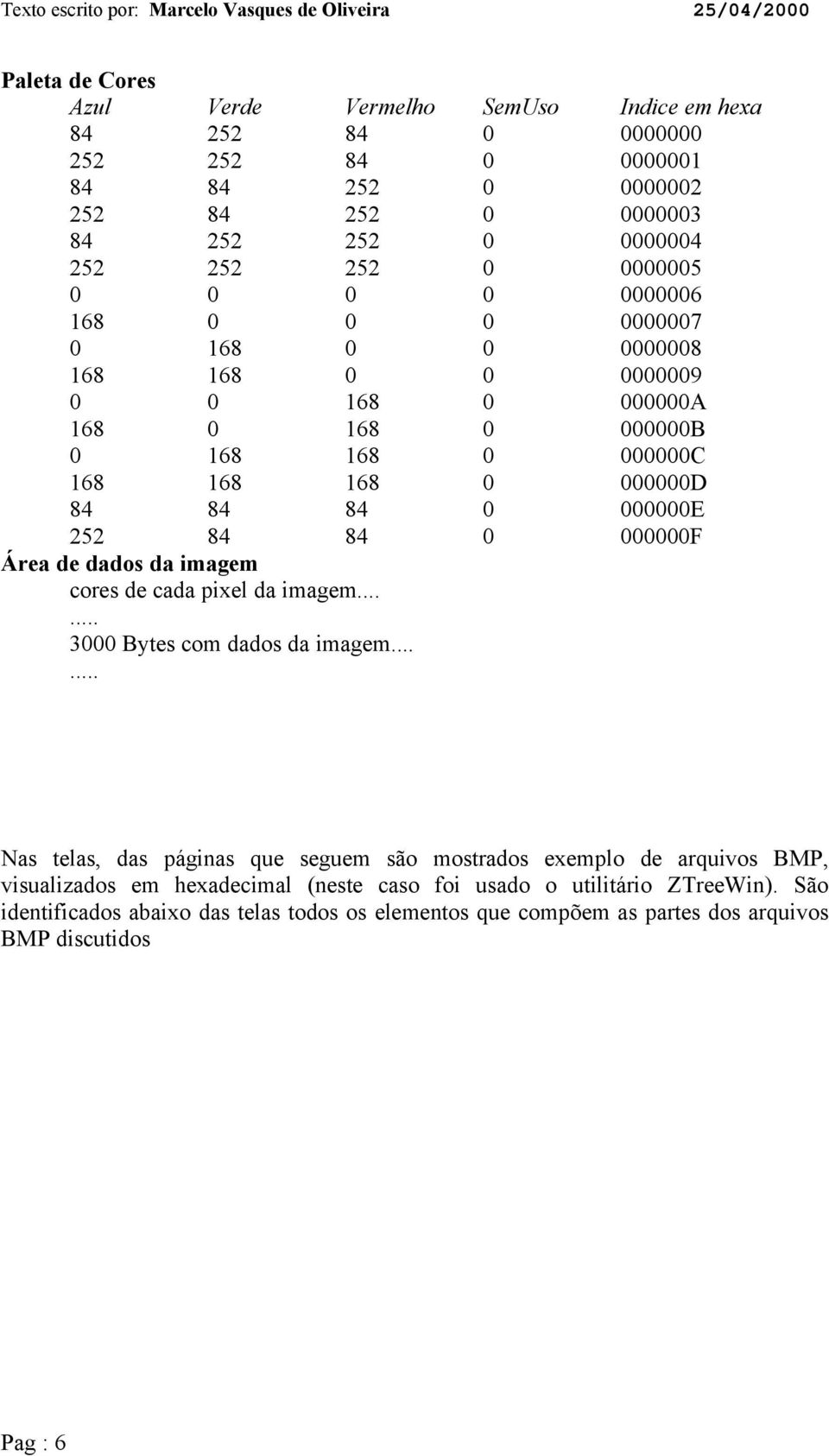 000000F Área de dados da imagem cores de cada pixel da imagem...... 3000 Bytes com dados da imagem.