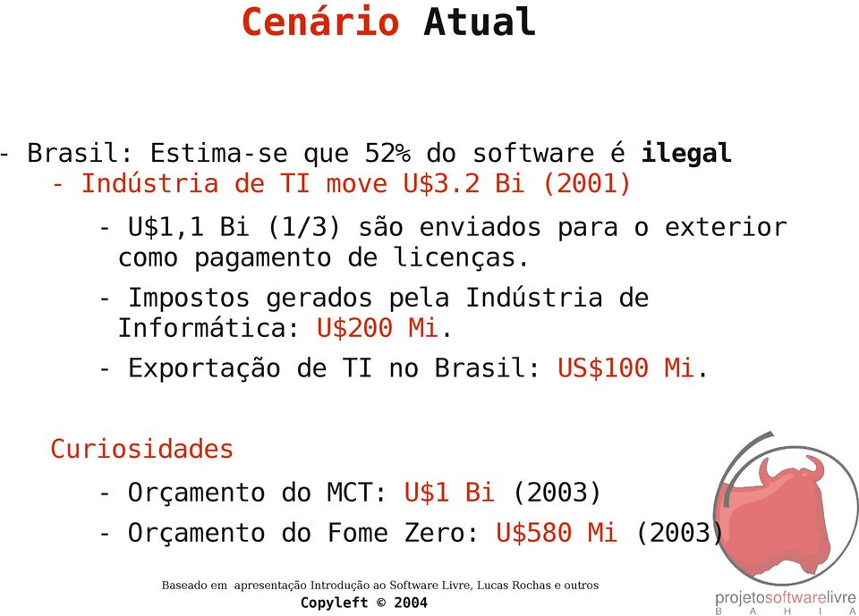 - Impostos gerados pela Indústria de Informática: U$200 Mi. - Exportação de TI no Brasil: US$100 Mi.
