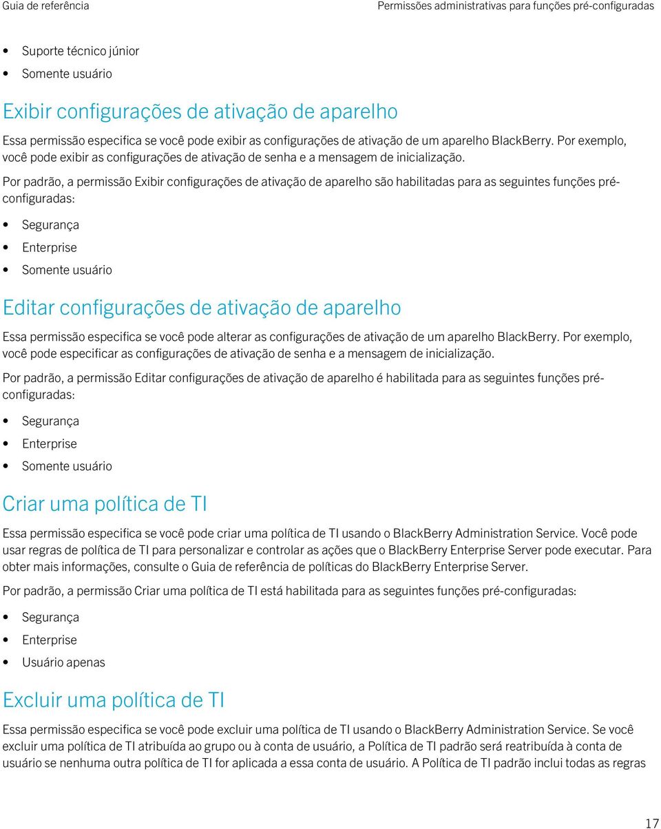 Por padrão, a permissão Exibir configurações de ativação de aparelho são habilitadas para as seguintes funções préconfiguradas: Editar configurações de ativação de aparelho Essa permissão especifica