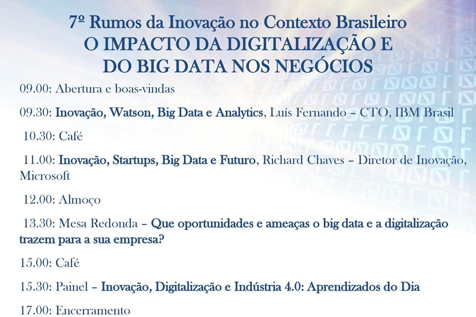 00: Inovação, Startups, Big Data e Futuro, Richard Chaves Diretor de Inovação, Microsoft 12.00: Almoço 13.