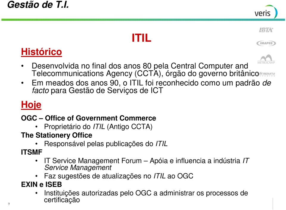 Proprietário do (Antigo CCTA) The Stationery Office Responsável pelas publicações do ITSMF IT Service Management Forum Apóia e influencia a