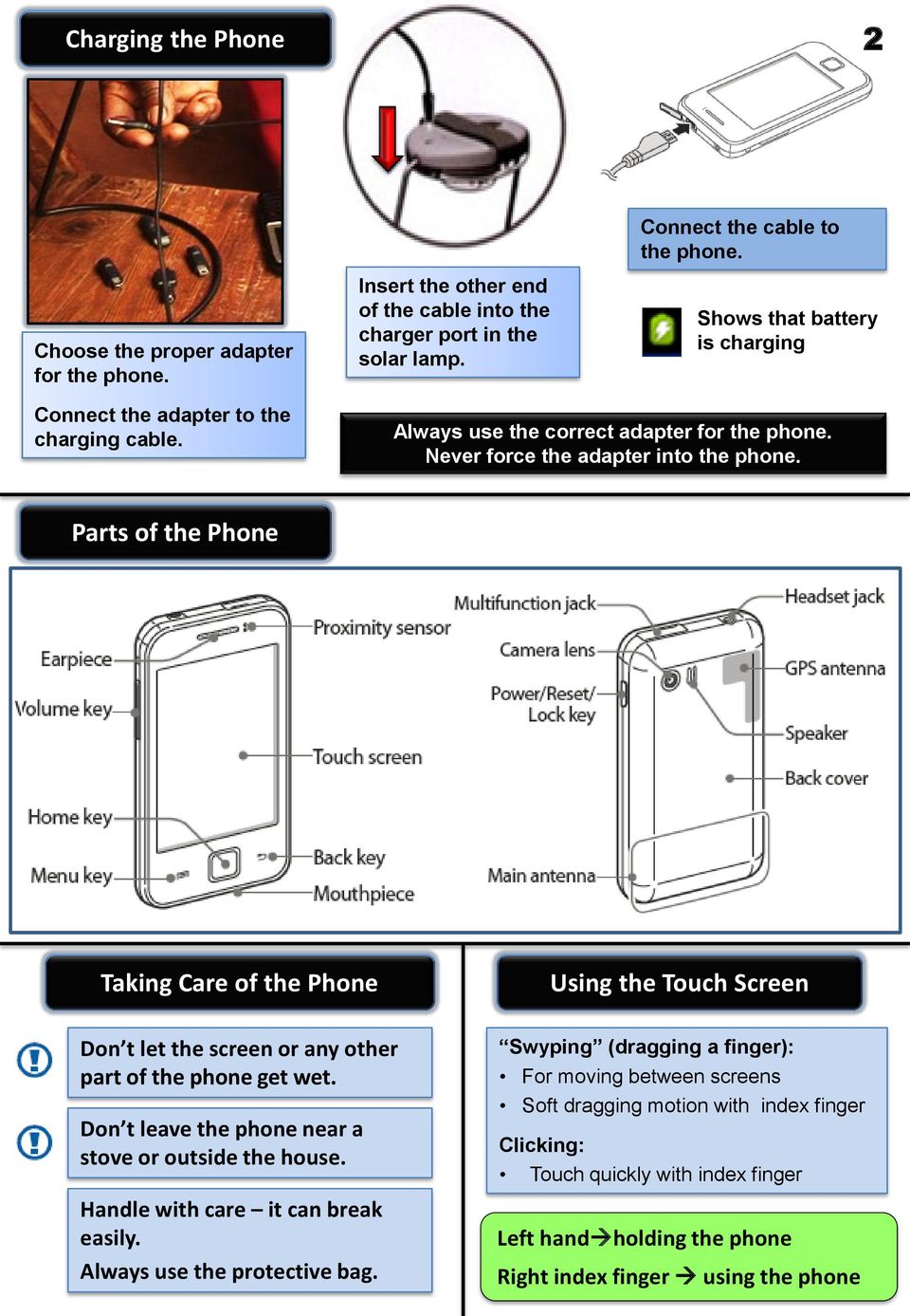 Parts of the Phone Taking Care of the Phone Using the Touch Screen Don t let the screen or any other part of the phone get wet. Don t leave the phone near a stove or outside the house.