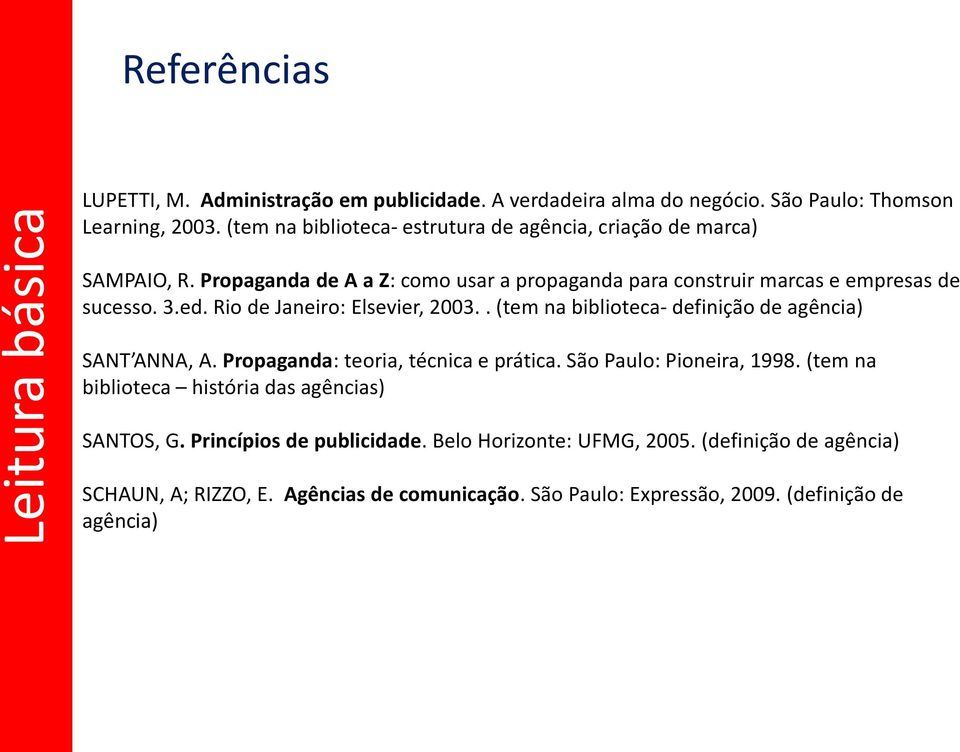 Rio de Janeiro: Elsevier, 2003.. (tem na biblioteca- definição de agência) SANT ANNA, A. Propaganda: teoria, técnica e prática. São Paulo: Pioneira, 1998.