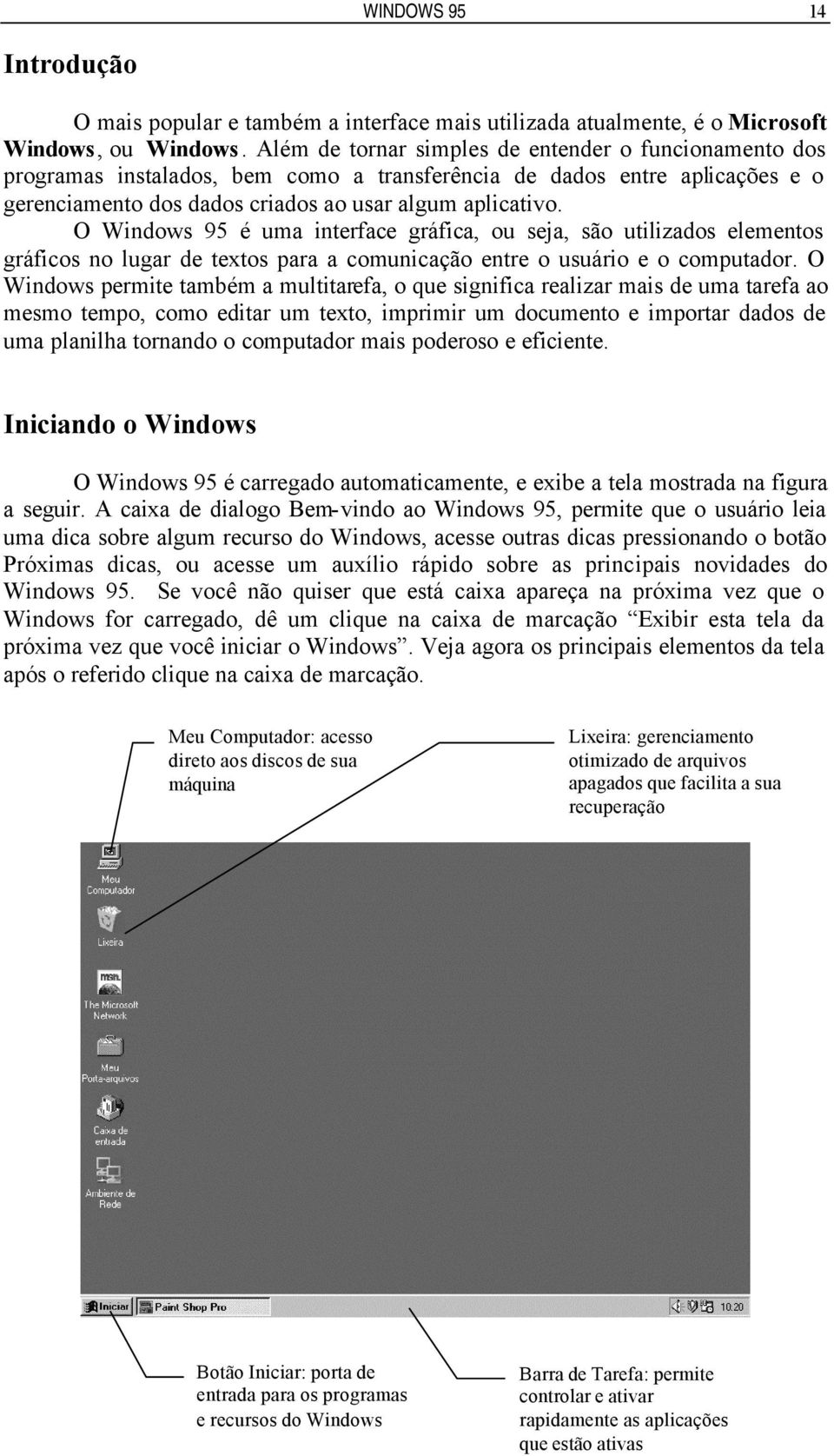 O Windows 95 é uma interface gráfica, ou seja, são utilizados elementos gráficos no lugar de textos para a comunicação entre o usuário e o computador.