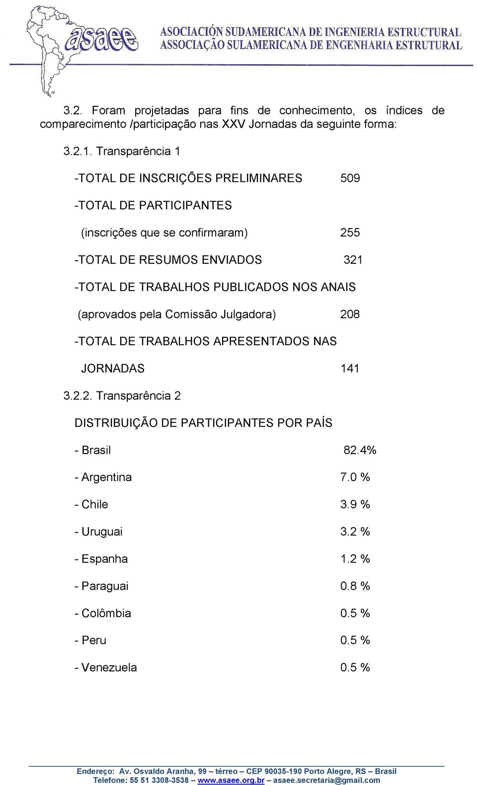 DE TRABALHOS PUBLICADOS NOS ANAIS (aprovados pela Comissão Julgadora) 208 -TOTAL DE TRABALHOS APRESENTADOS NAS JORNADAS 141 3.2.2. Transparência 2 DISTRIBUIÇÃO DE PARTICIPANTES POR PAÍS - Brasil 82.