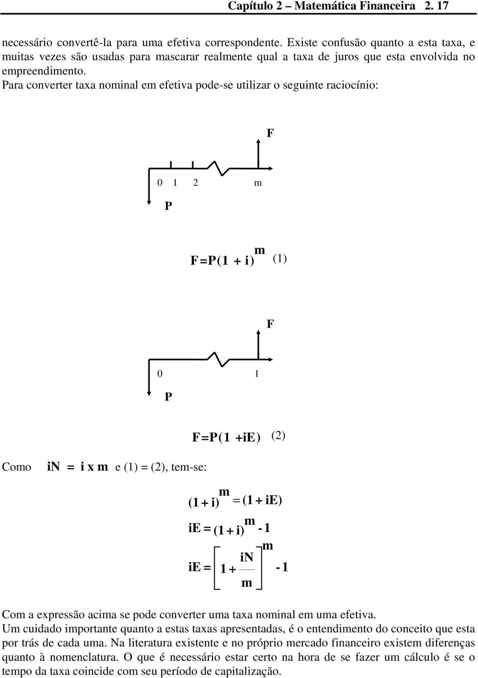 Para converter taxa nominal em efetiva pode-se utilizar o seguinte raciocínio: F 0 1 2 m P m F=P(1 + i) (1) F 0 1 P F=P(1 +ie) (2) Como in = i x m e (1) = (2), tem-se: m (1 + i) = (1 + ie) m ie = (1