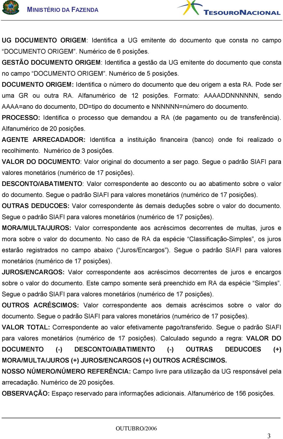 DOCUMENTO ORIGEM: Identifica o número do documento que deu origem a esta RA. Pode ser uma GR ou outra RA. Alfanumérico de 12 posições.