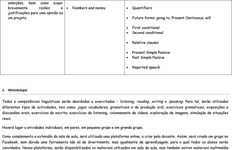 Metodologia Todas a competências linguísticas serão abordadas e exercitadas listening, reading, writing e speaking.