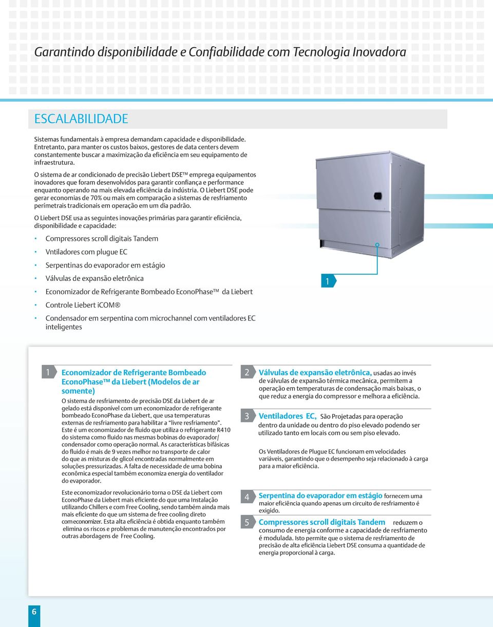 O sistema de ar condicionado de precisão Liebert DSE emprega equipamentos inovadores que foram desenvolvidos para garantir confiança e performance enquanto operando na mais elevada eficiência da