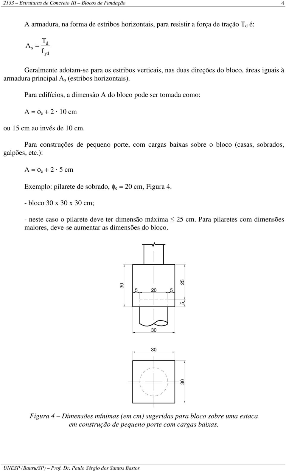 Para construçõs pquno port, com cargas baixas sobr o bloco (casas, sobraos, galpõs, tc.): φ + 5 cm Exmplo: pilart sobrao, φ 0 cm, Figura 4.