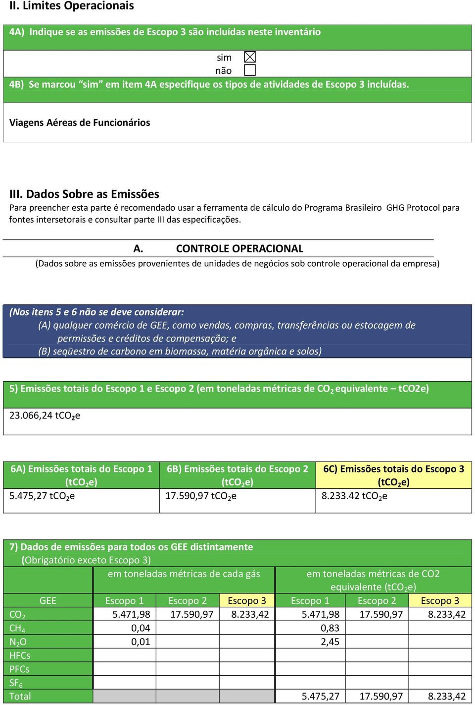 Dados Sobre as Emissões Para preencher esta parte é recomendado usar a ferramenta de cálculo do Programa Brasileiro GHG Protocol para fontes intersetorais e consultar parte III das especificações. A.