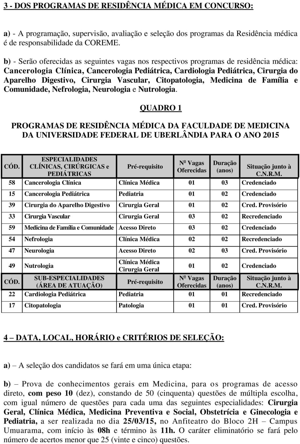 Cirurgia Vascular, Citopatologia, Medicina de Família e Comunidade, Nefrologia, Neurologia e Nutrologia.