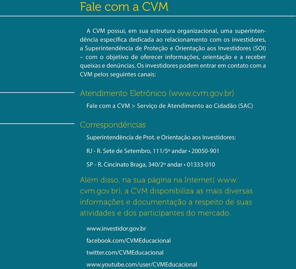 Os investidores podem entrar em contato com a CVM pelos seguintes canais: Atendimento Eletrônico (www.cvm.gov.