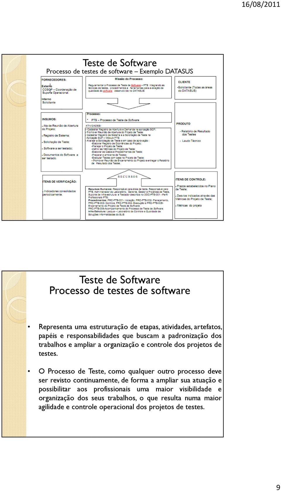 O Processo de Teste, como qualquer outro processo deve ser revisto continuamente, de forma a ampliar sua atuação e