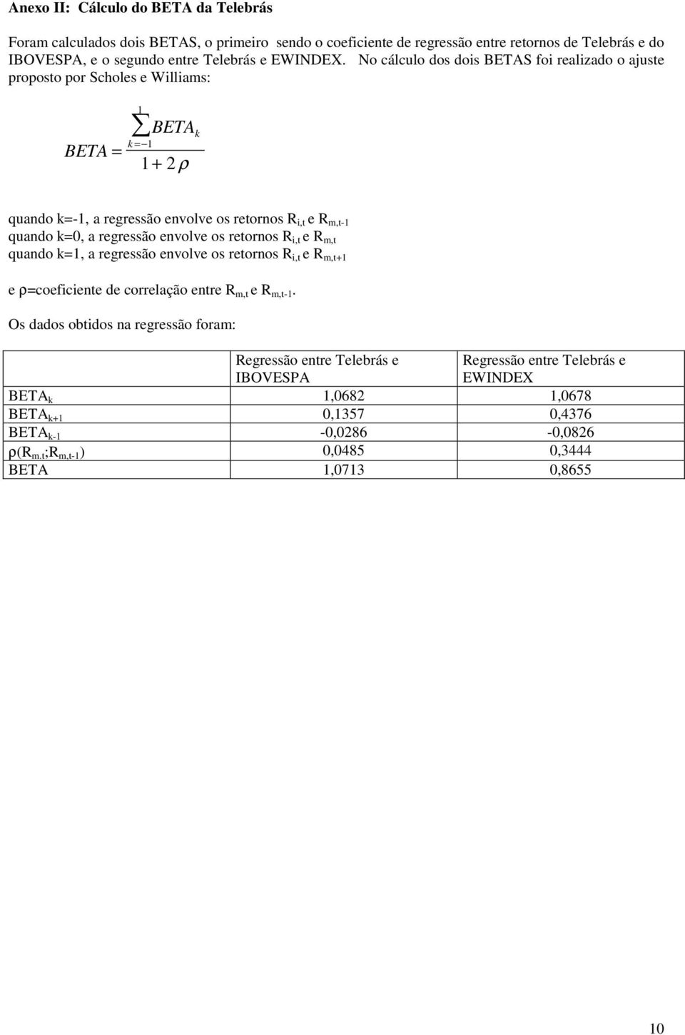 regressão envolve os retornos R i,t e R m,t quando k=1, a regressão envolve os retornos R i,t e R m,t+1 e ρ=coeficiente de correlação entre R m,t e R m,t-1.