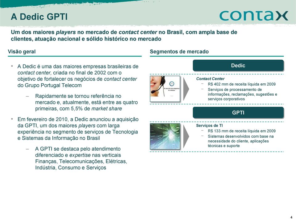 está entre as quatro primeiras, com 5,5% de market share Em fevereiro de 2010, a Dedic anunciou a aquisição da GPTI, um dos maiores players com larga experiência no segmento de serviços de Tecnologia