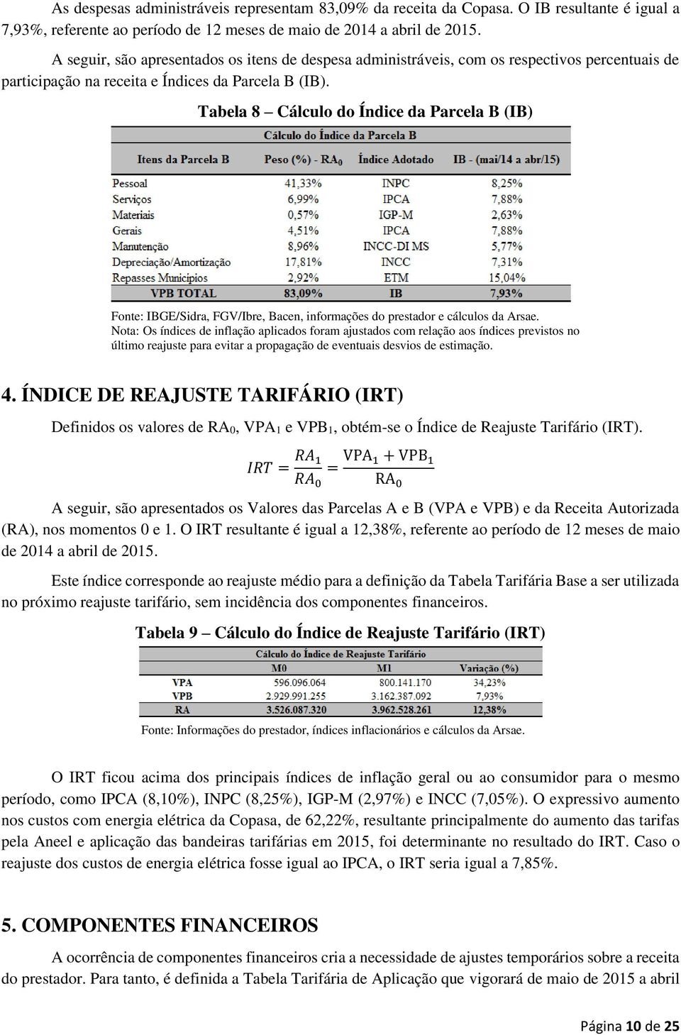 Tabela 8 Cálculo do Índice da Parcela B (IB) Fonte: IBGE/Sidra, FGV/Ibre, Bacen, informações do prestador e cálculos da Arsae.