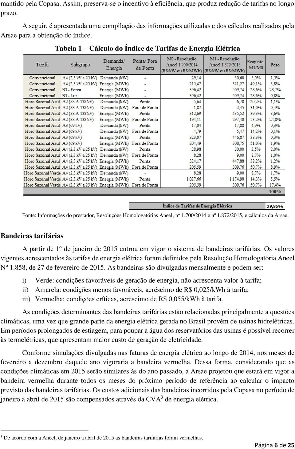 Tabela 1 Cálculo do Índice de Tarifas de Energia Elétrica Fonte: Informações do prestador, Resoluções Homologatórias Aneel, n o 1.700/2014 e nº 1.872/2015, e cálculos da Arsae.
