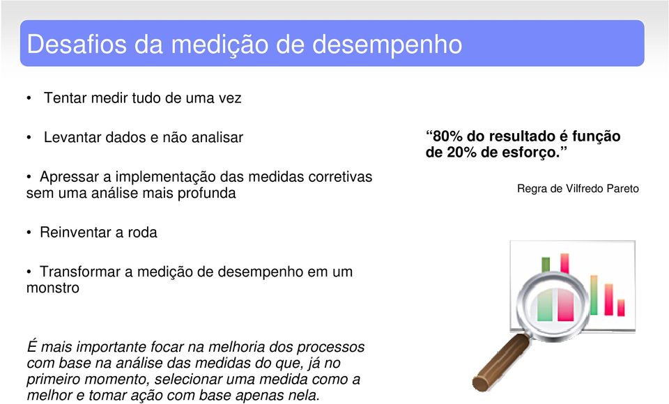 Regra de Vilfredo Pareto Reinventar a roda Transformar a medição de desempenho em um monstro É mais importante focar na