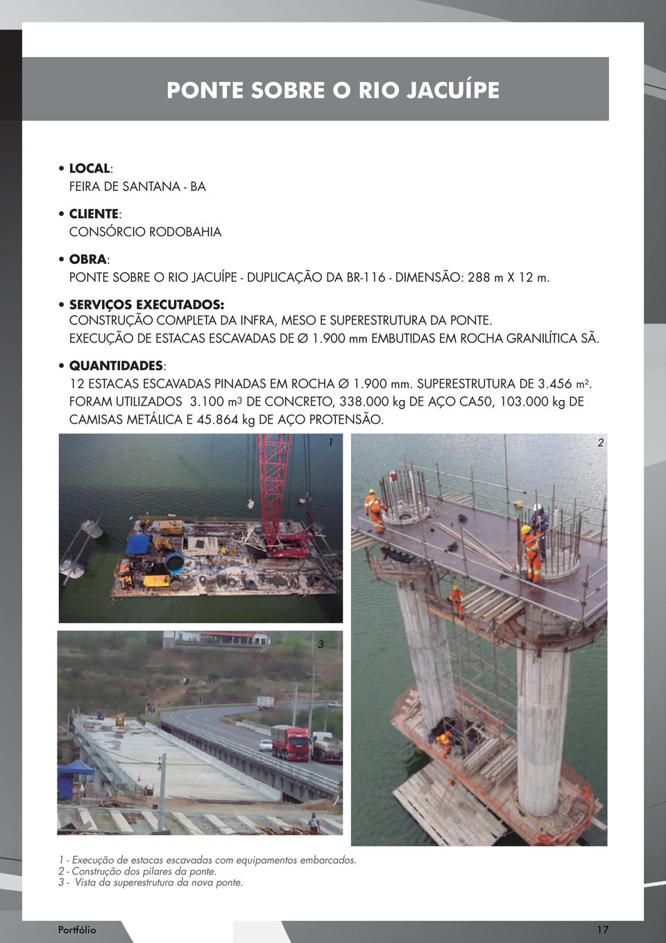 QUANTIDADES: 12 ESTACAS ESCAVADAS PINADAS EM ROCHA Ø 1.900 mm. SUPERESTRUTURA DE 3.456 m². FORAM UTILIZADOS 3.100 m 3 DE CONCRETO, 338.000 kg DE AÇO CA50, 103.