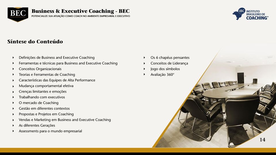 emoções Trabalhando com executivos O mercado de Coaching Gestão em diferentes contextos Propostas e Projetos em Coaching Vendas e Marketing em