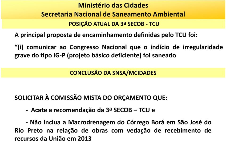 CONCLUSÃO DA SNSA/MCIDADES SOLICITAR À COMISSÃO MISTA DO ORÇAMENTO QUE: Acate a recomendação da 3ª SECOB TCU e Não