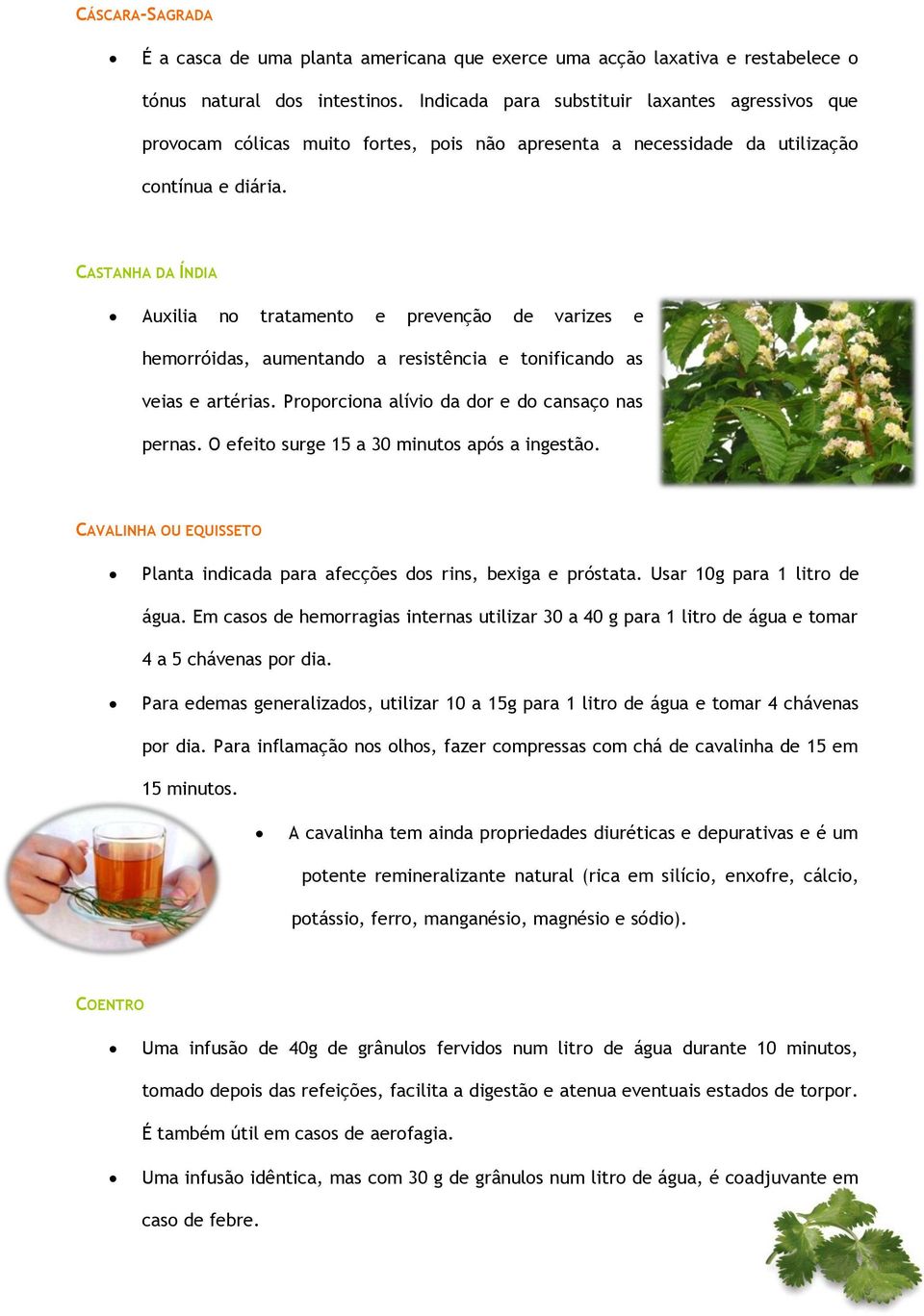 CASTANHA DA ÍNDIA Auxilia no tratamento e prevenção de varizes e hemorróidas, aumentando a resistência e tonificando as veias e artérias. Proporciona alívio da dor e do cansaço nas pernas.