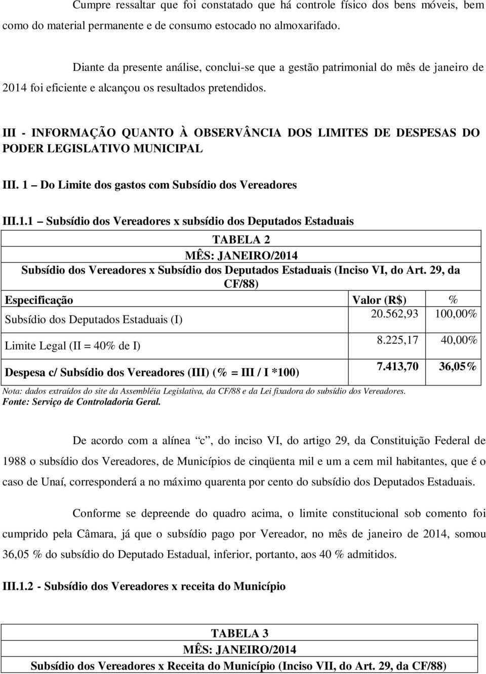 III - INFORMAÇÃO QUANTO À OBSERVÂNCIA DOS LIMITES DE DESPESAS DO PODER LEGISLATIVO MUNICIPAL III. 1 