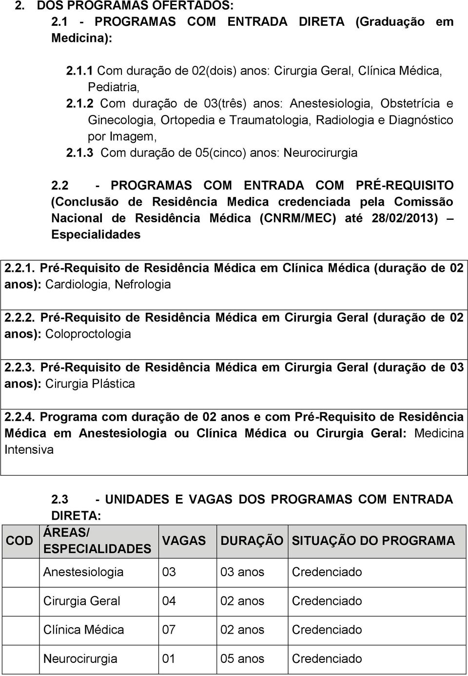2 - PROGRAMAS COM ENTRADA COM PRÉ-REQUISITO (Conclusão de Residência Medica credenciada pela Comissão Nacional de Residência Médica (CNRM/MEC) até 28/02/2013