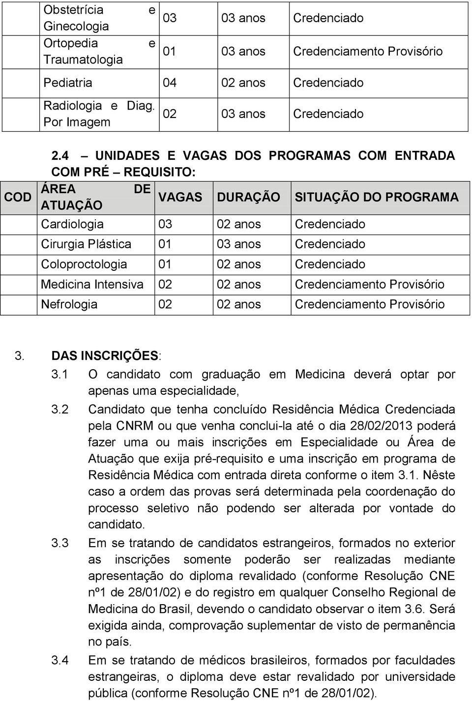 Coloproctologia 01 02 anos Credenciado Medicina Intensiva 02 02 anos Credenciamento Provisório Nefrologia 02 02 anos Credenciamento Provisório 3. DAS INSCRIÇÕES: 3.