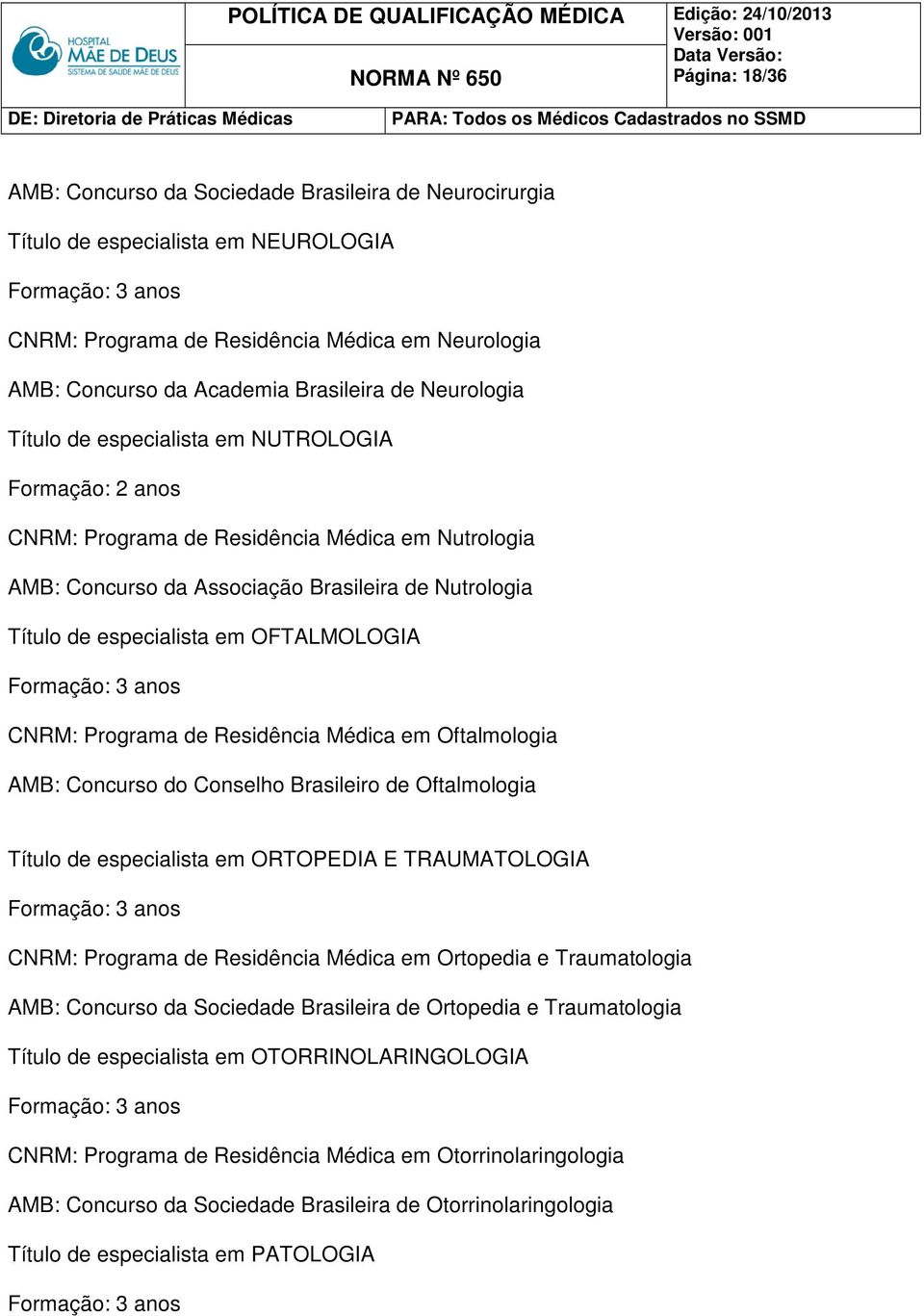 Programa de Residência Médica em Oftalmologia AMB: Concurso do Conselho Brasileiro de Oftalmologia Título de especialista em ORTOPEDIA E TRAUMATOLOGIA CNRM: Programa de Residência Médica em Ortopedia