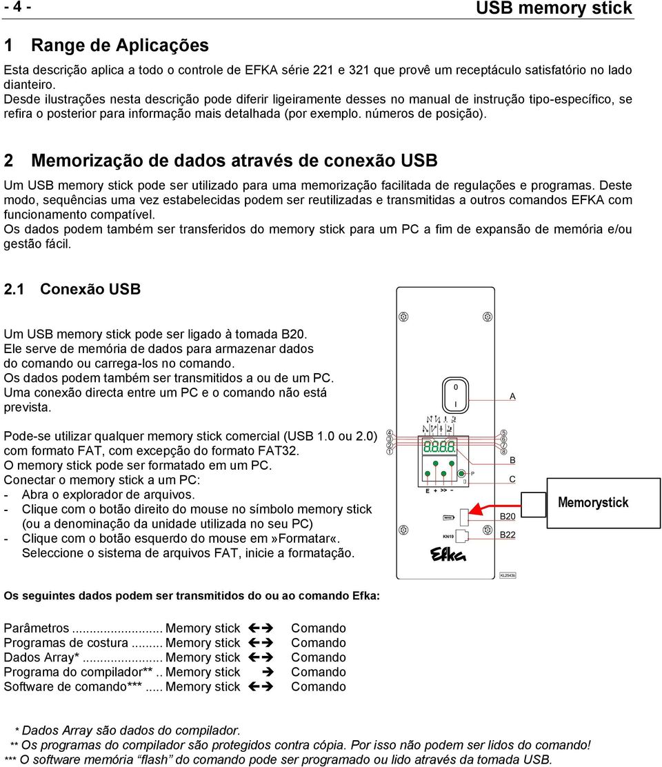 2 Memorização de dados através de conexão USB Um USB memory stick pode ser utilizado para uma memorização facilitada de regulações e programas.