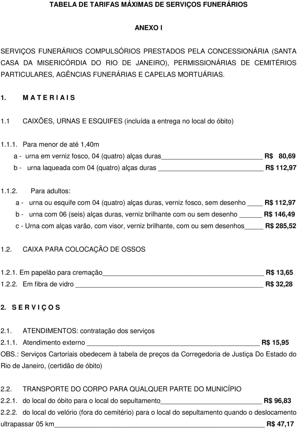 1.2. Para adultos: a - urna ou esquife com 04 (quatro) alças duras, verniz fosco, sem desenho R$ 112,97 b - urna com 06 (seis) alças duras, verniz brilhante com ou sem desenho R$ 146,49 c - Urna com