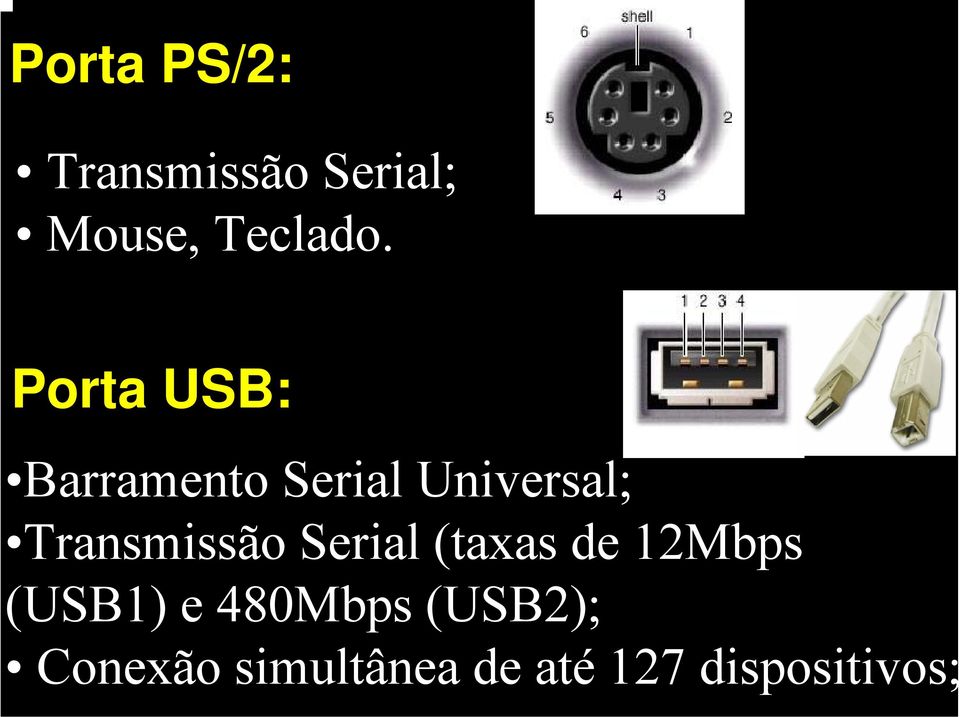 Transmissão Serial (taxas de 12Mbps (USB1) e