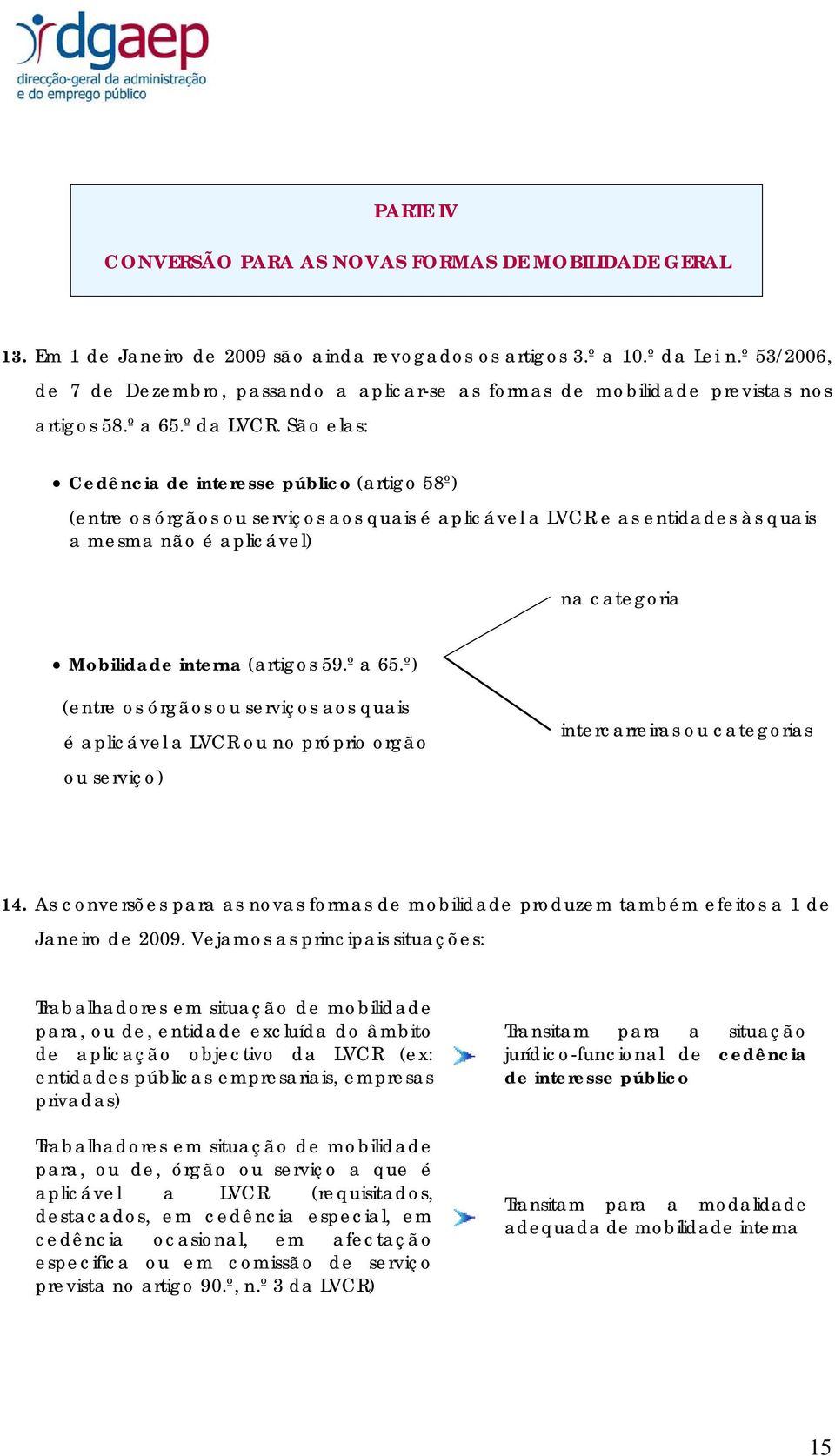 São elas: Cedência de interesse público (artigo 58º) (entre os órgãos ou serviços aos quais é aplicável a LVCR e as entidades às quais a mesma não é aplicável) na categoria Mobilidade interna