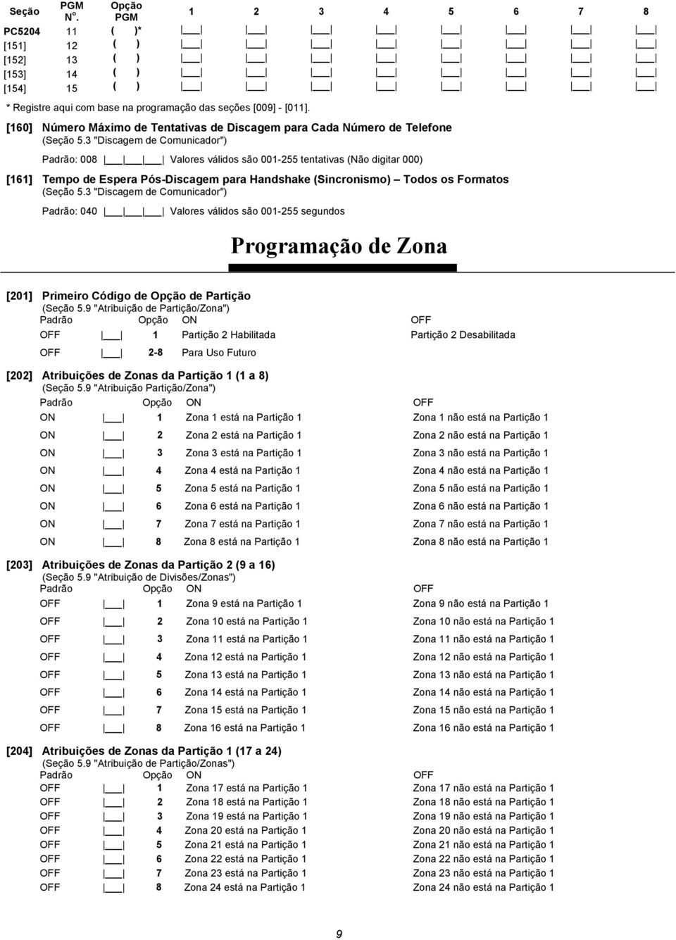 3 "Discagem de Comunicador") : 008 Valores válidos são 001-255 tentativas (ão digitar 000) [161] Tempo de Espera Pós-Discagem para Handshake (Sincronismo) Todos os Formatos (Seção 5.