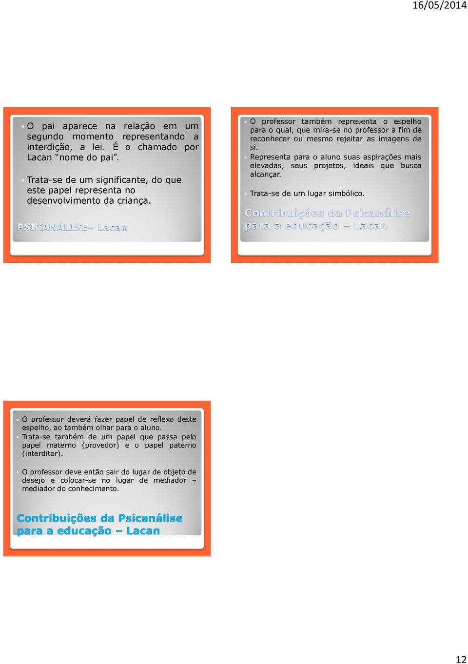 PSICANÁLISE Lacan O professor também representa o espelho para o qual, que mira-se no professor a fim de reconhecer ou mesmo rejeitar as imagens de si.