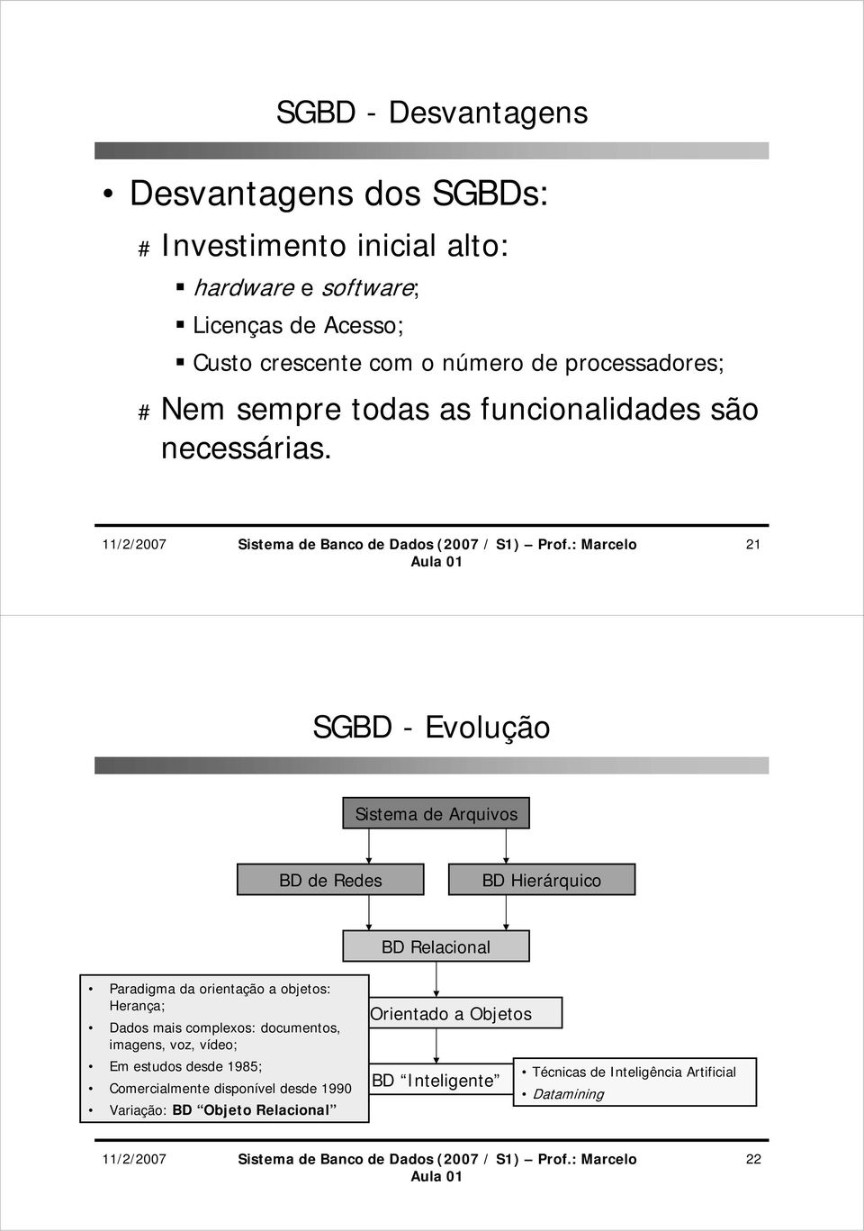 21 SGBD - Evolução Sistema de Arquivos BD de Redes BD Hierárquico Paradigma da orientação a objetos: Herança; Dados mais complexos: documentos,